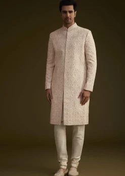 Light Peach Silk Sherwani Set With Dori Pearl And Stone Embroidery