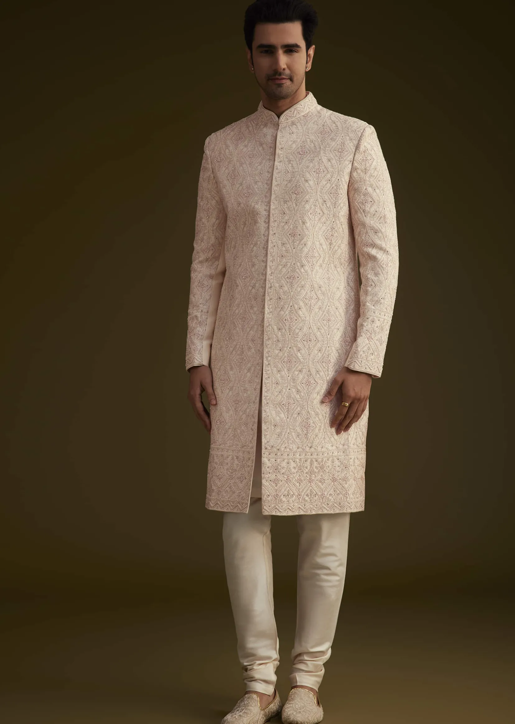 Light Peach Silk Sherwani Set With Dori Pearl And Stone Embroidery