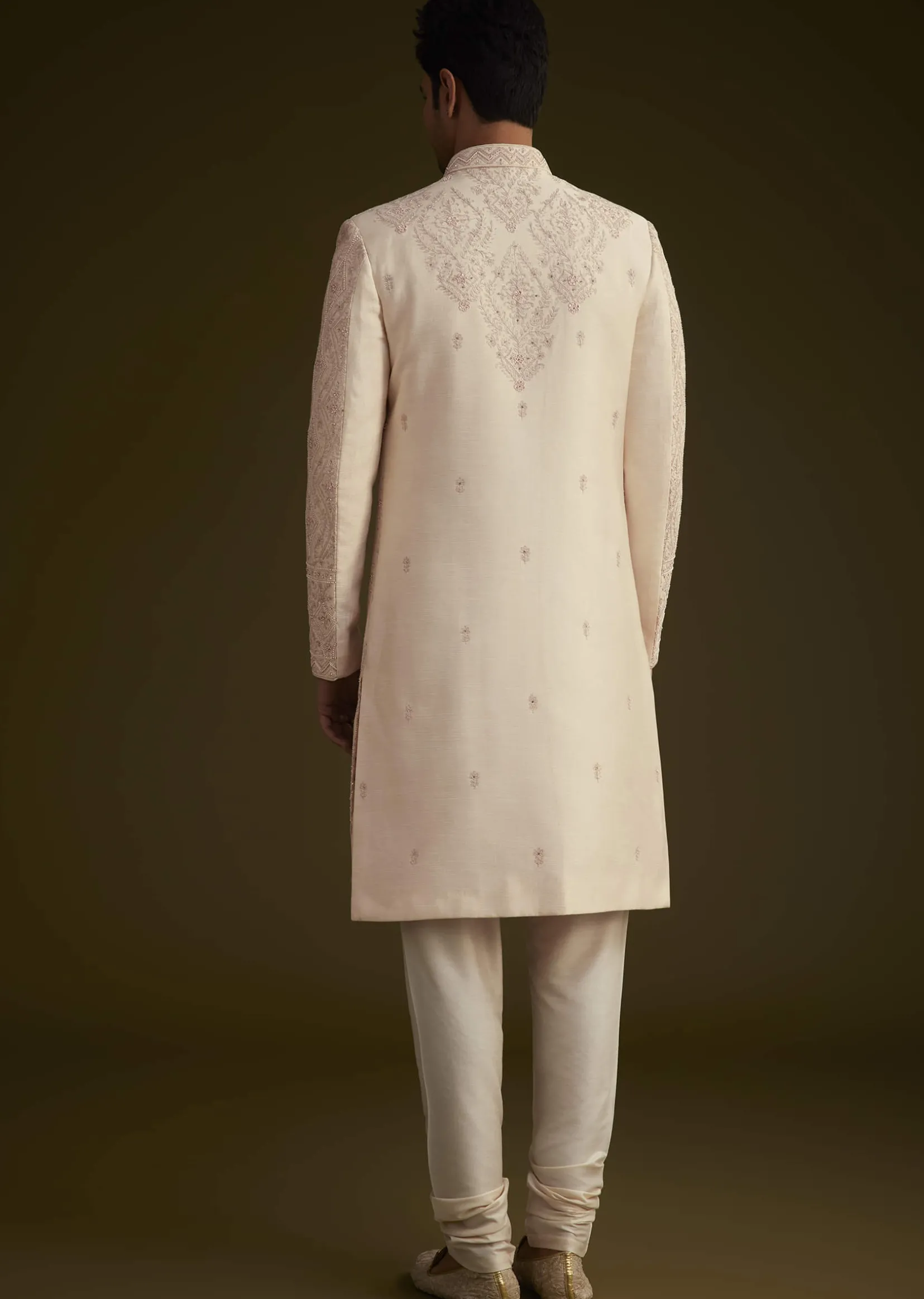 Light Peach Silk Sherwani Set With Dori Pearl And Stone Embroidery