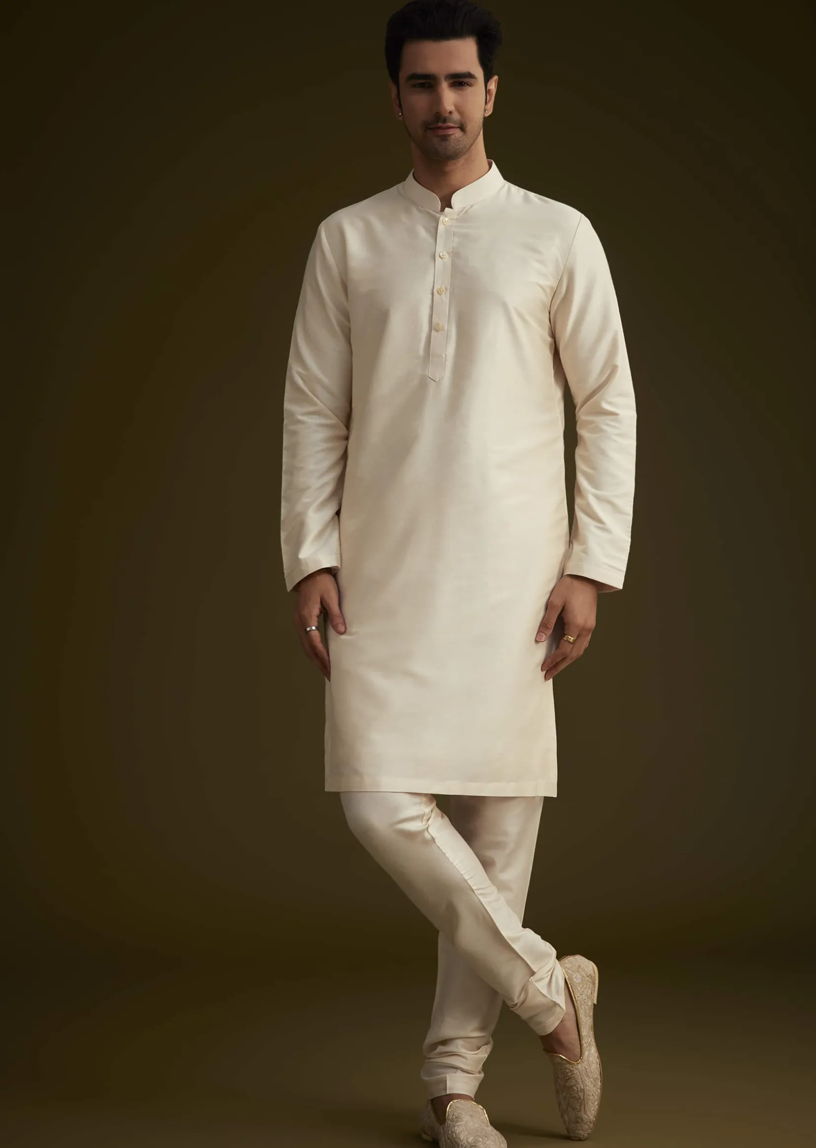 Light Peach Silk Sherwani Set With Dori Pearl And Stone Embroidery