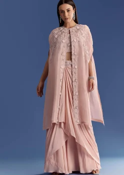 Light Peach Tissue Cape Set With Embroidered Croptop And Skirt