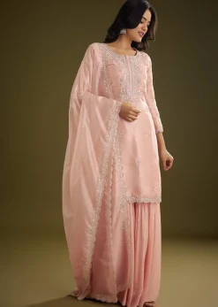 Light Peach Tissue Cut Dana Beads Kurta Set With Embroidered Dupatta