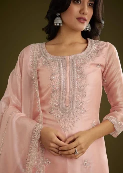 Light Peach Tissue Cut Dana Beads Kurta Set With Embroidered Dupatta