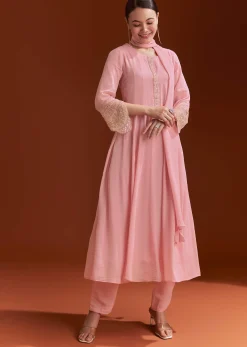 Light Pink Chinon Anarkali Suit With Cut Dana And Beads Work