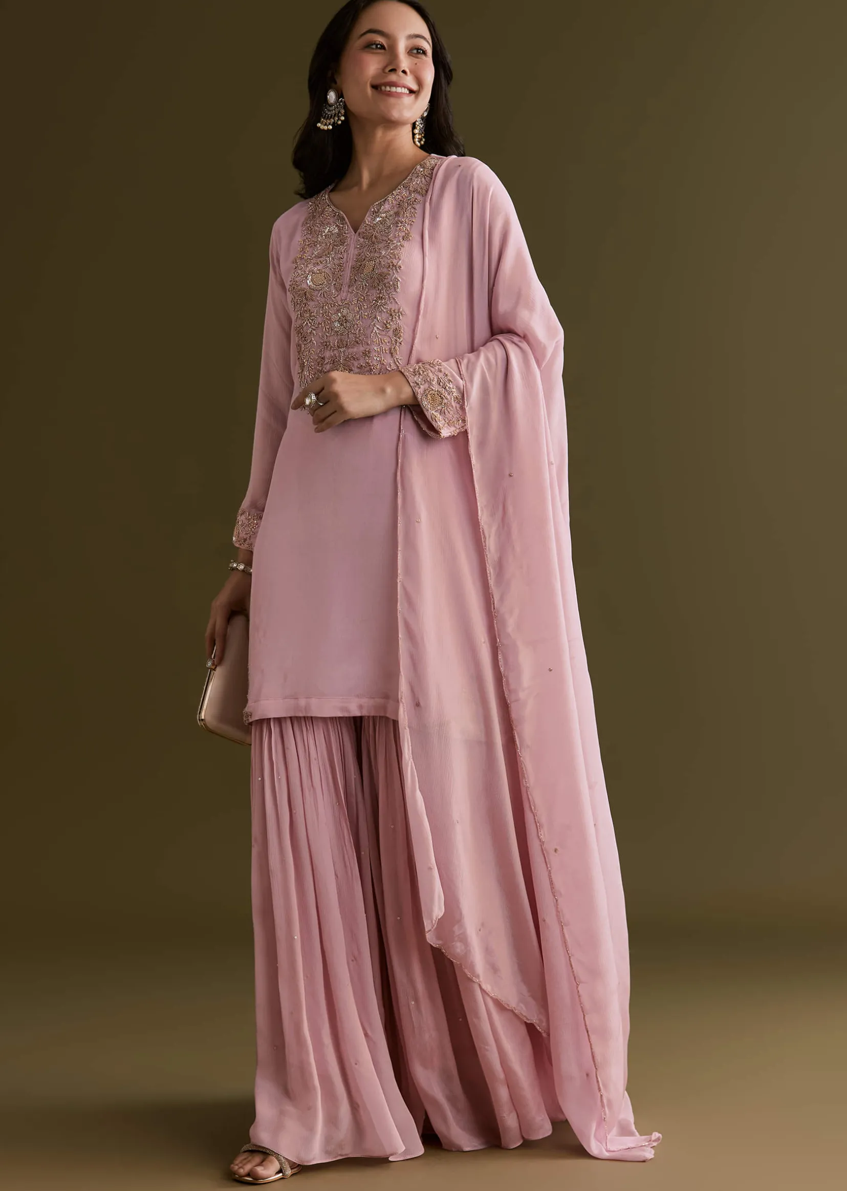 Light Pink Chinon Cutdana Sharara Suit