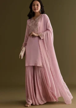 Light Pink Chinon Cutdana Sharara Suit