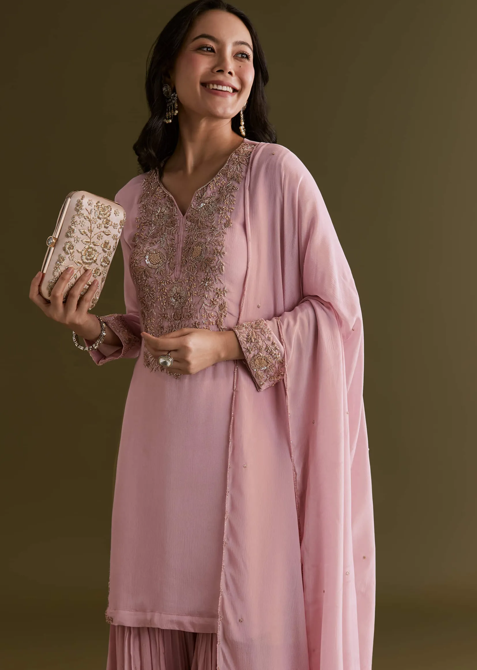 Light Pink Chinon Cutdana Sharara Suit