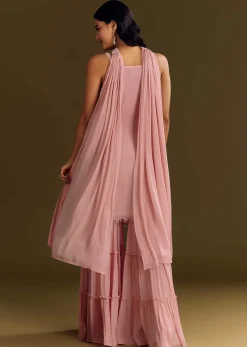Light Pink Chinon Embroidered Kurta Sharara With Choker Dupatta