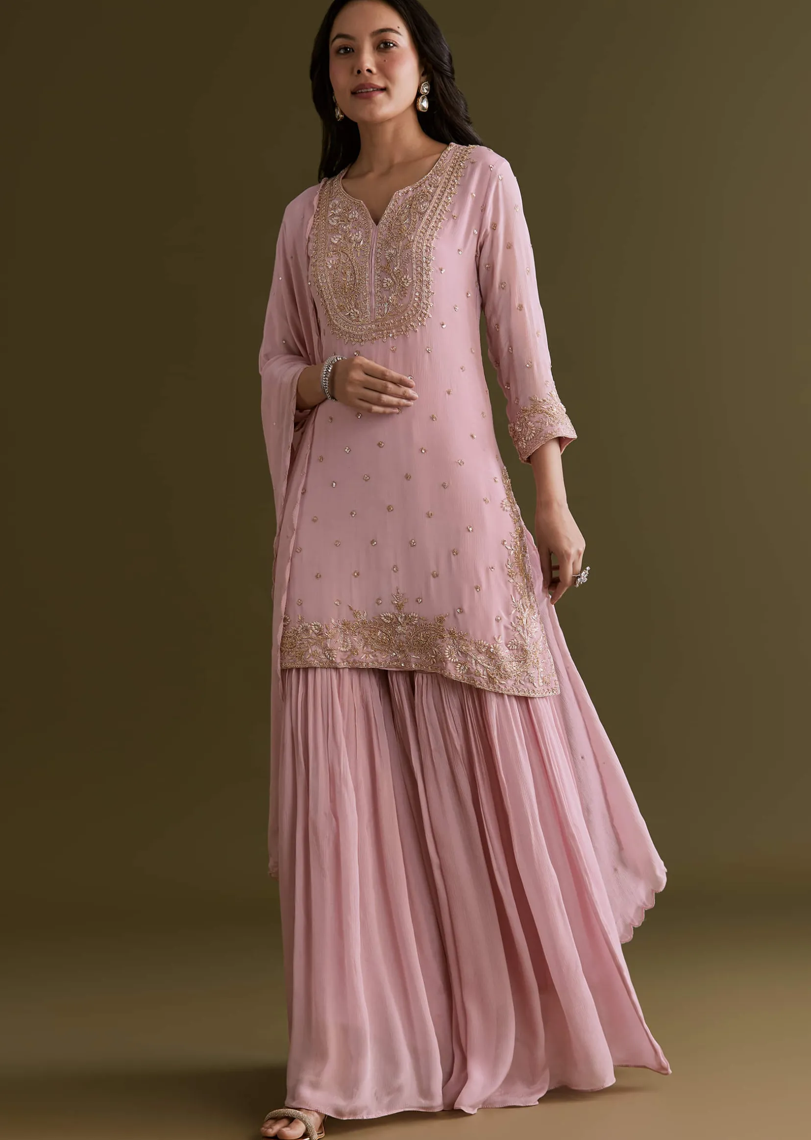 Light Pink Chinon Sharara Suit With Zardosi Embroidered Dupatta