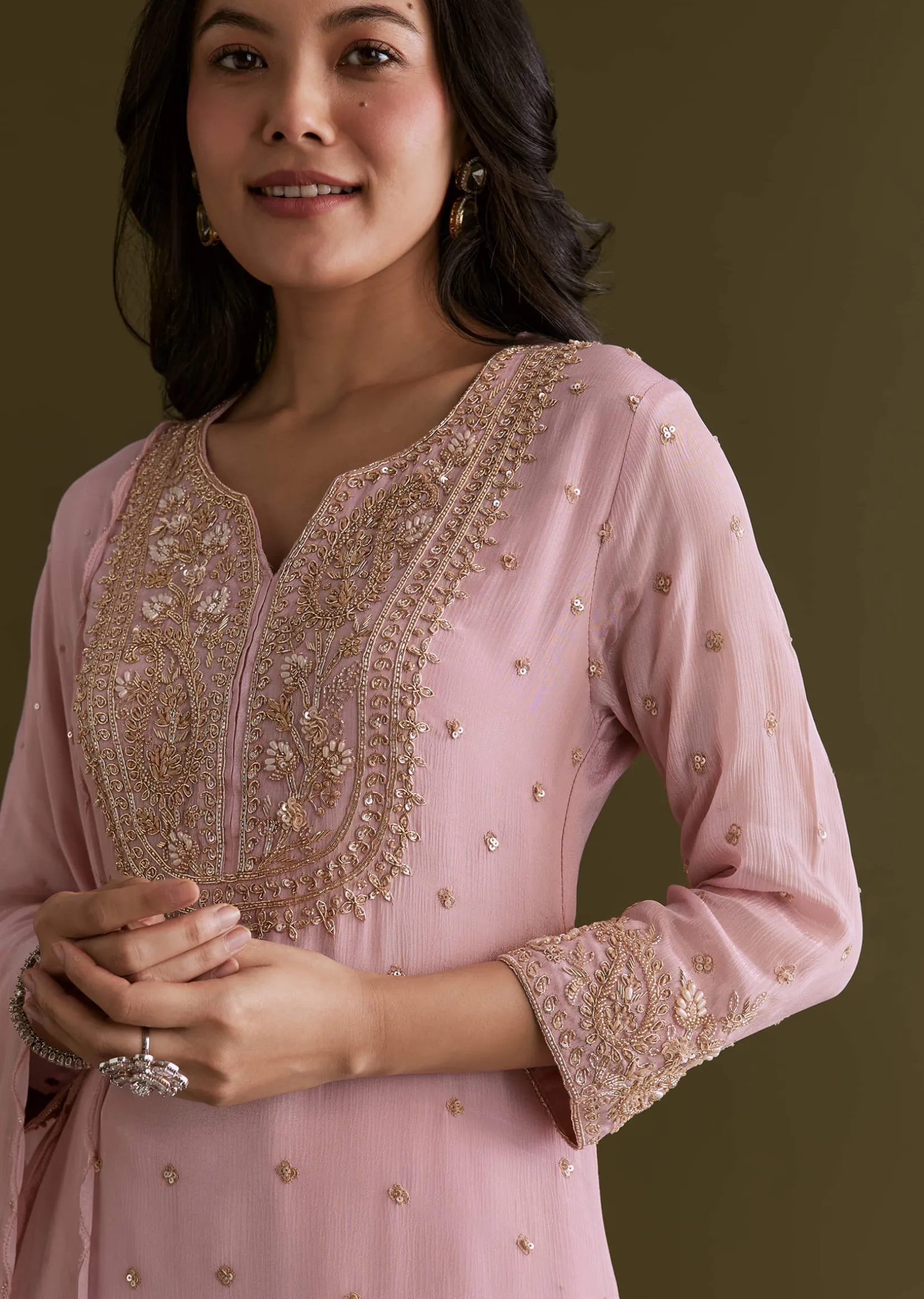 Light Pink Chinon Sharara Suit With Zardosi Embroidered Dupatta