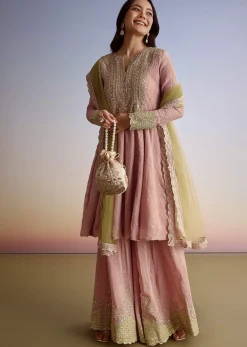 Light Pink Crush Tissue Sharara Suit With Zari Sequins