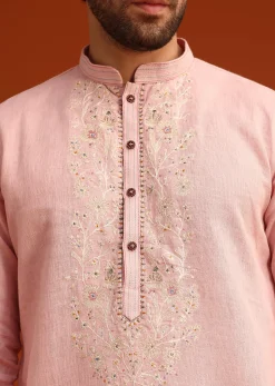 Light Pink Floral Thread Embroidered Kurta And Pant Set