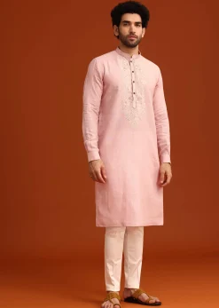 Light Pink Floral Thread Embroidered Kurta And Pant Set
