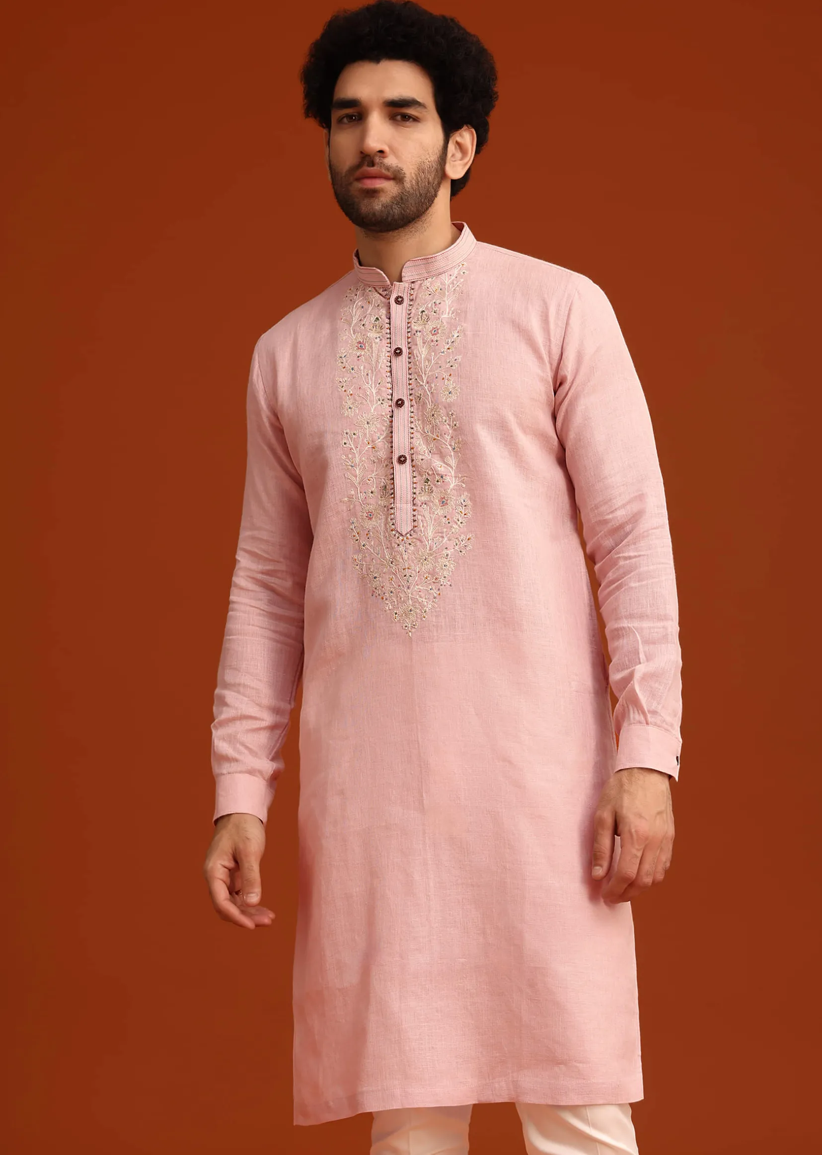 Light Pink Floral Thread Embroidered Kurta And Pant Set