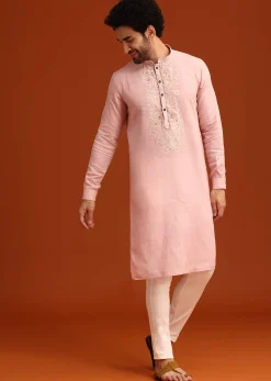 Light Pink Floral Thread Embroidered Kurta And Pant Set