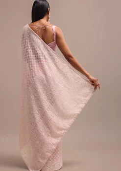 Light Pink Georgette Chikankari Jaal Work Saree With Unstitched Blouse