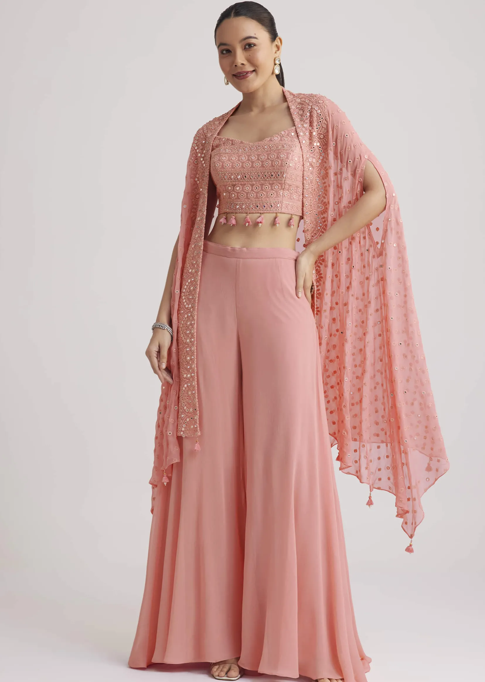 Light Pink Georgette Palazzo Set With Embroidered Cape