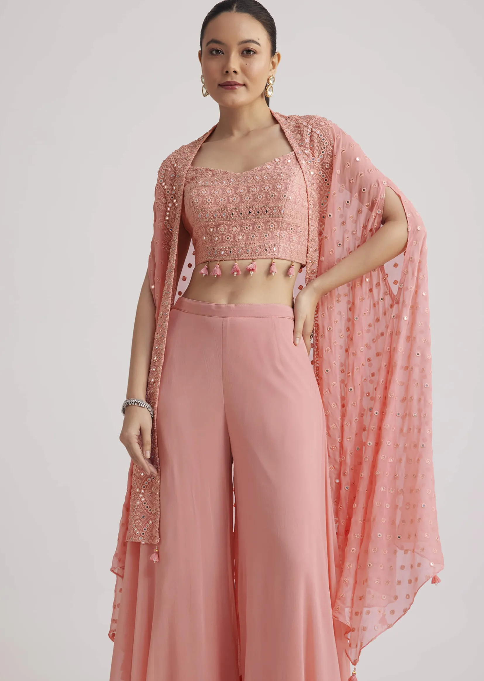 Light Pink Georgette Palazzo Set With Embroidered Cape