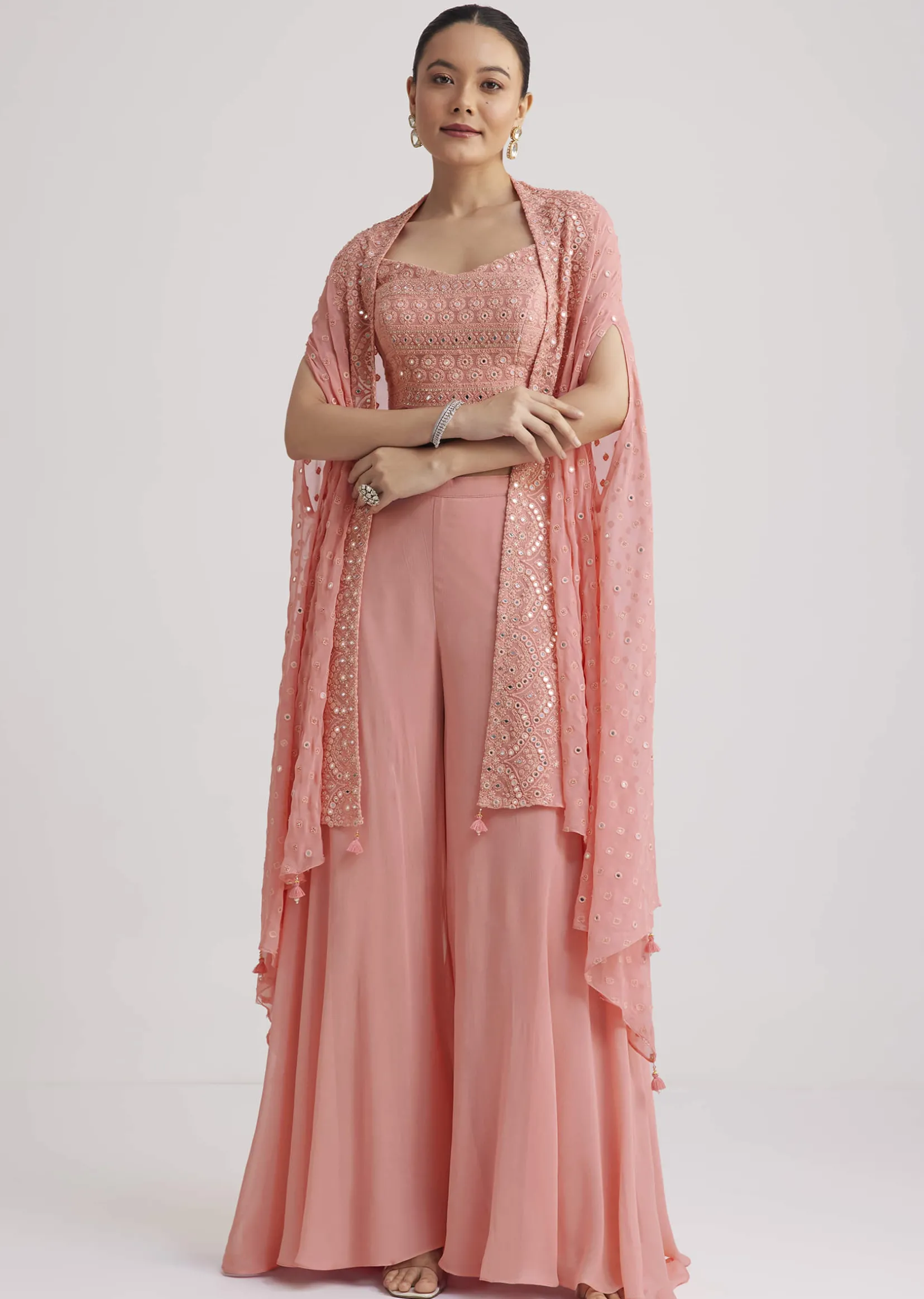 Light Pink Georgette Palazzo Set With Embroidered Cape