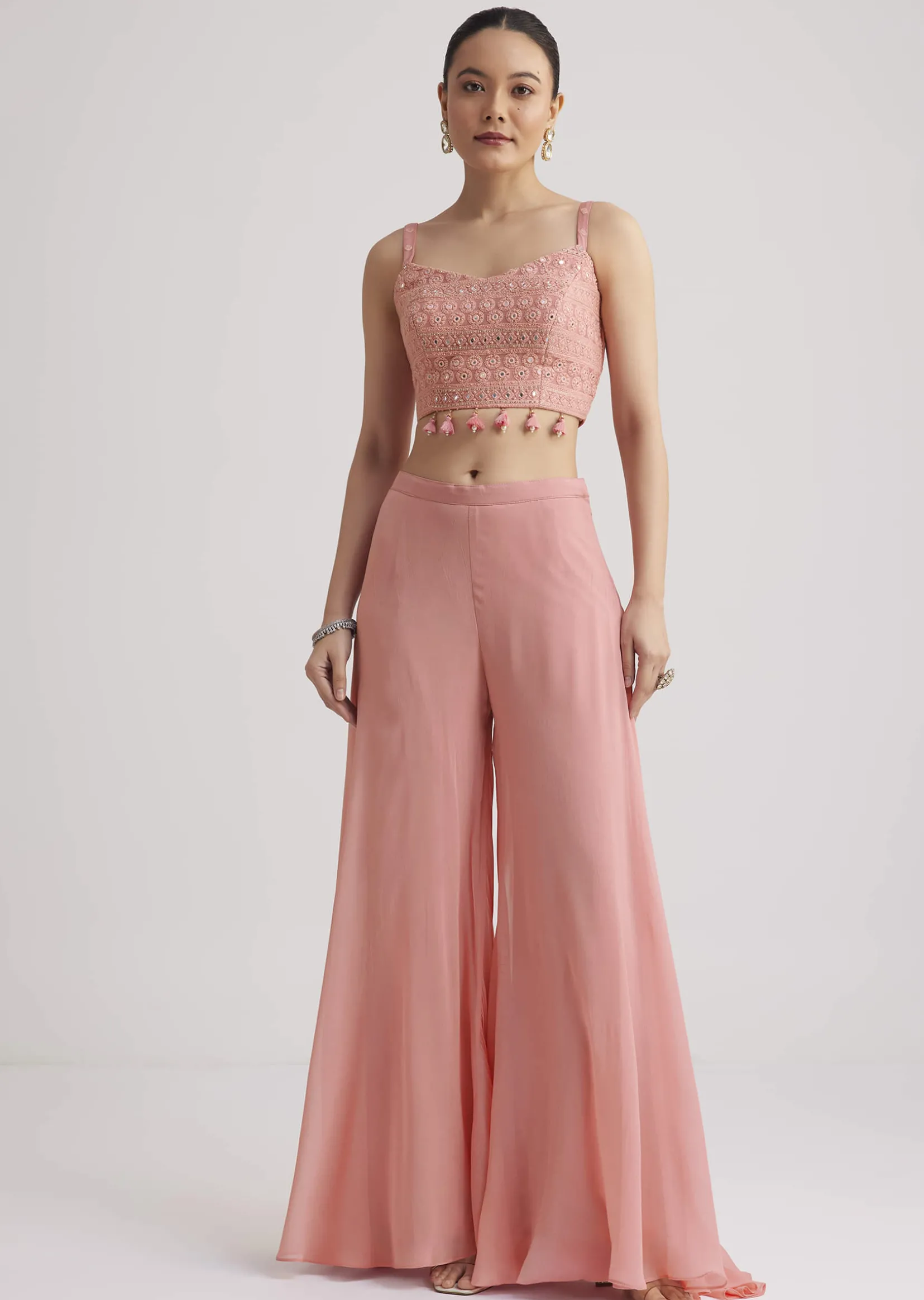 Light Pink Georgette Palazzo Set With Embroidered Cape
