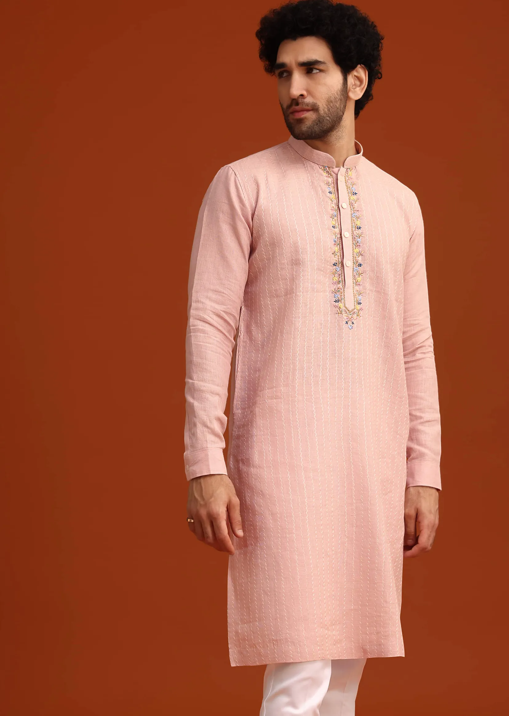 Light Pink Hand Embroidered Kurta And Pant Set
