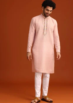 Light Pink Hand Embroidered Kurta And Pant Set