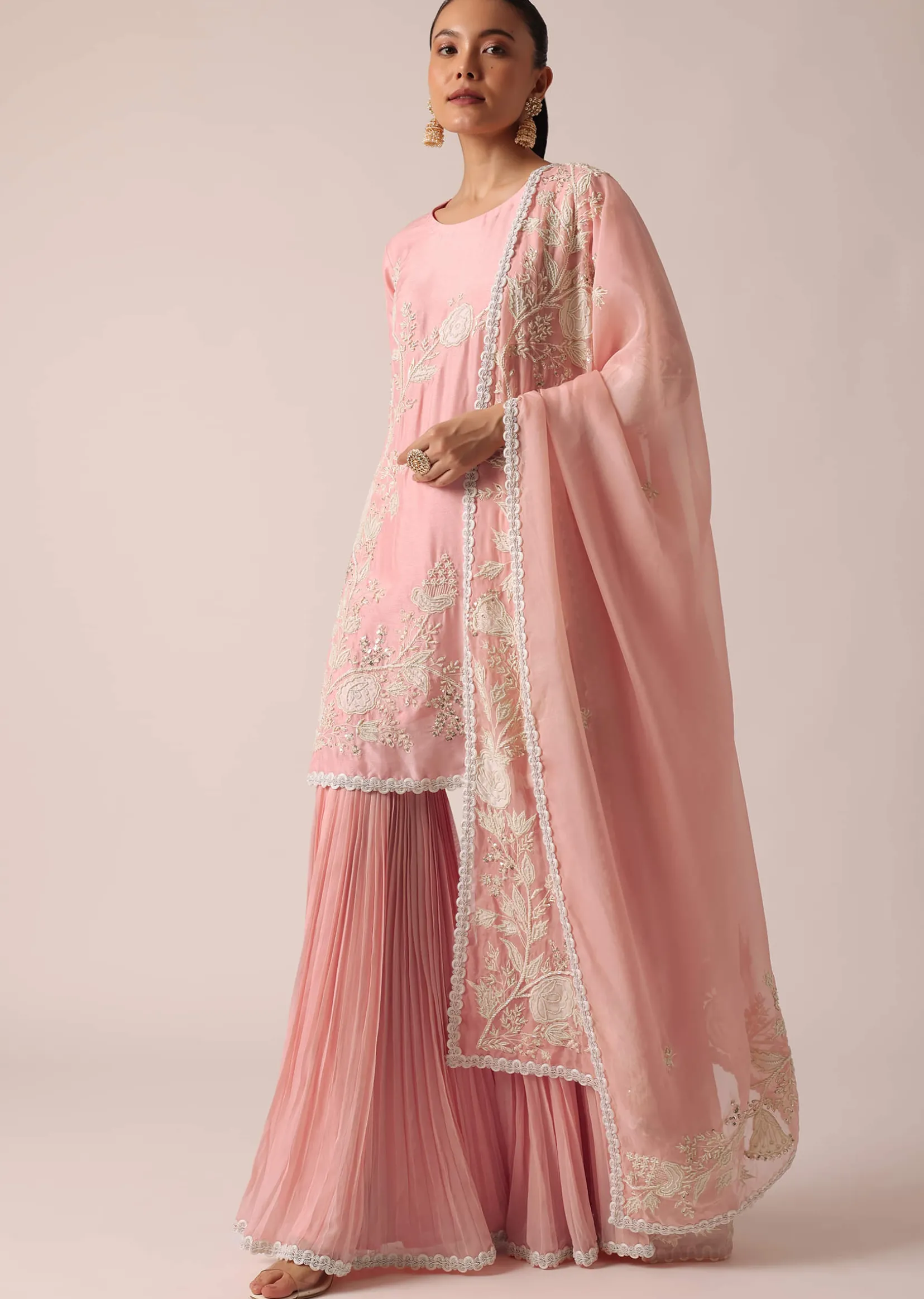 Light Pink Kurta Sharara Set In Chanderi Silk