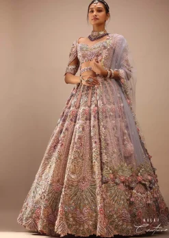 Light Pink Lehenga Set With A Choli In Moti Embroidery, Crop Top Comes In Half Sleeves With Cut Work