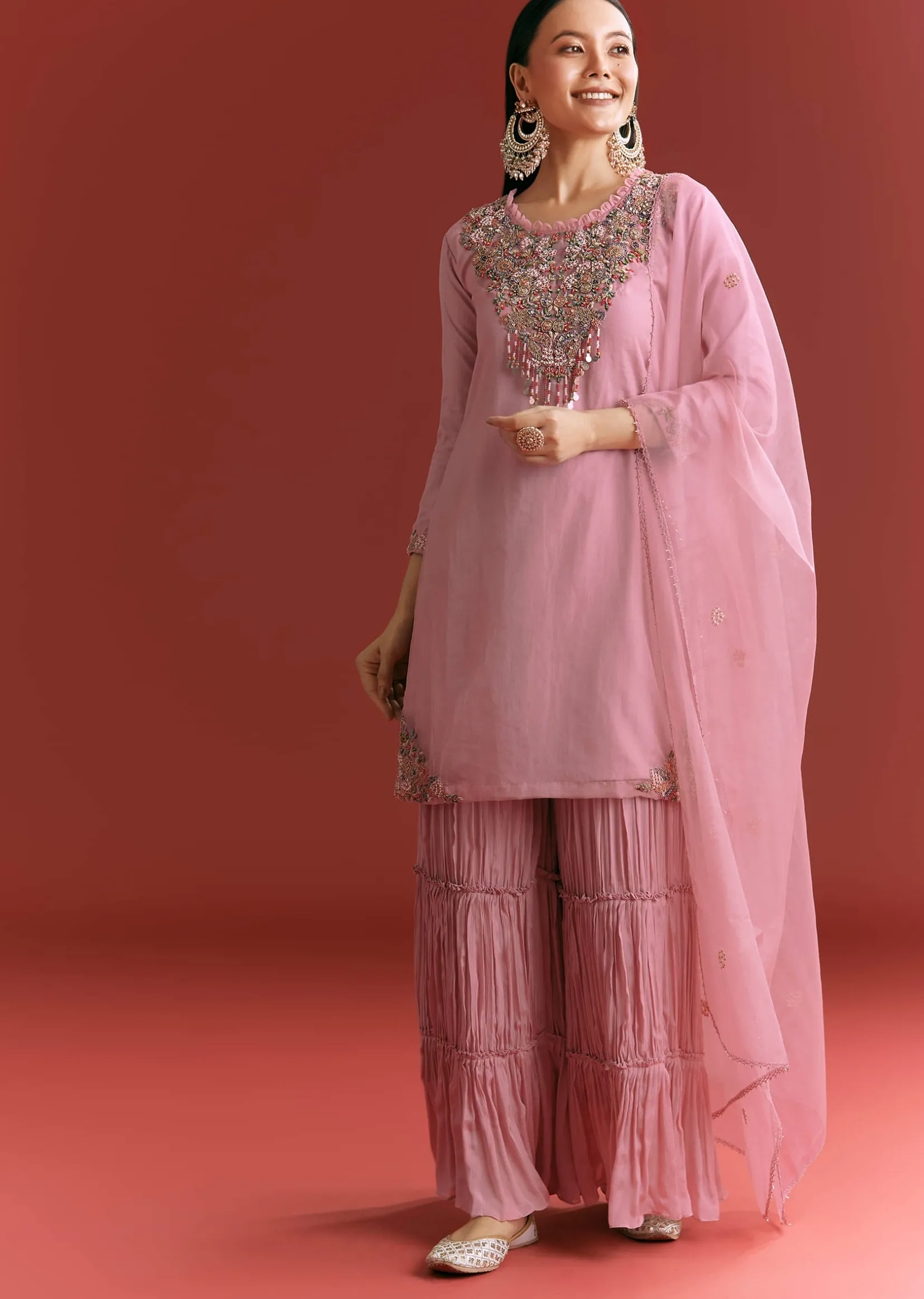 Light Pink Organza Kurta Sharara Suit With Embroidery