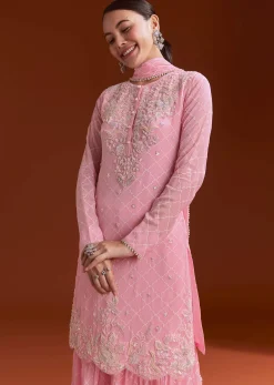 Light Pink Printed Chinon Sharara Set With Cut Dana And Sequins