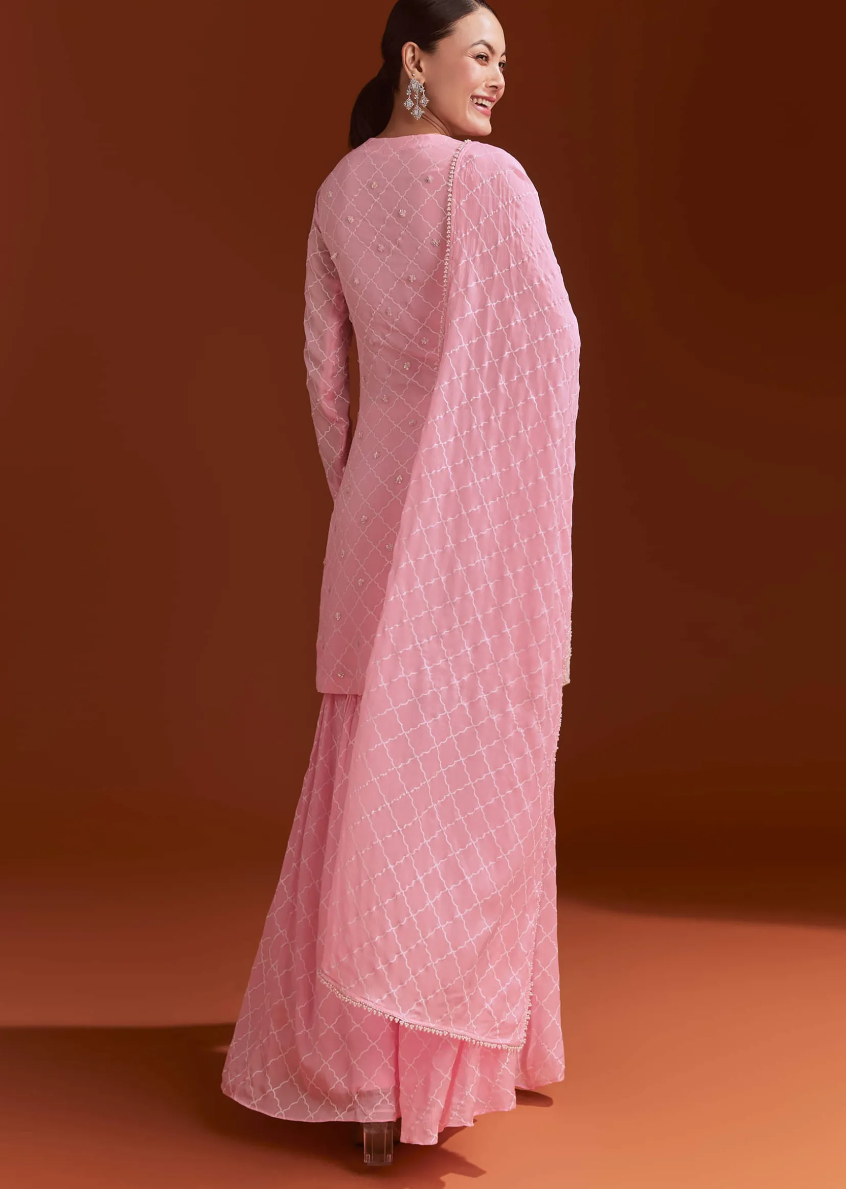 Light Pink Printed Chinon Sharara Set With Cut Dana And Sequins