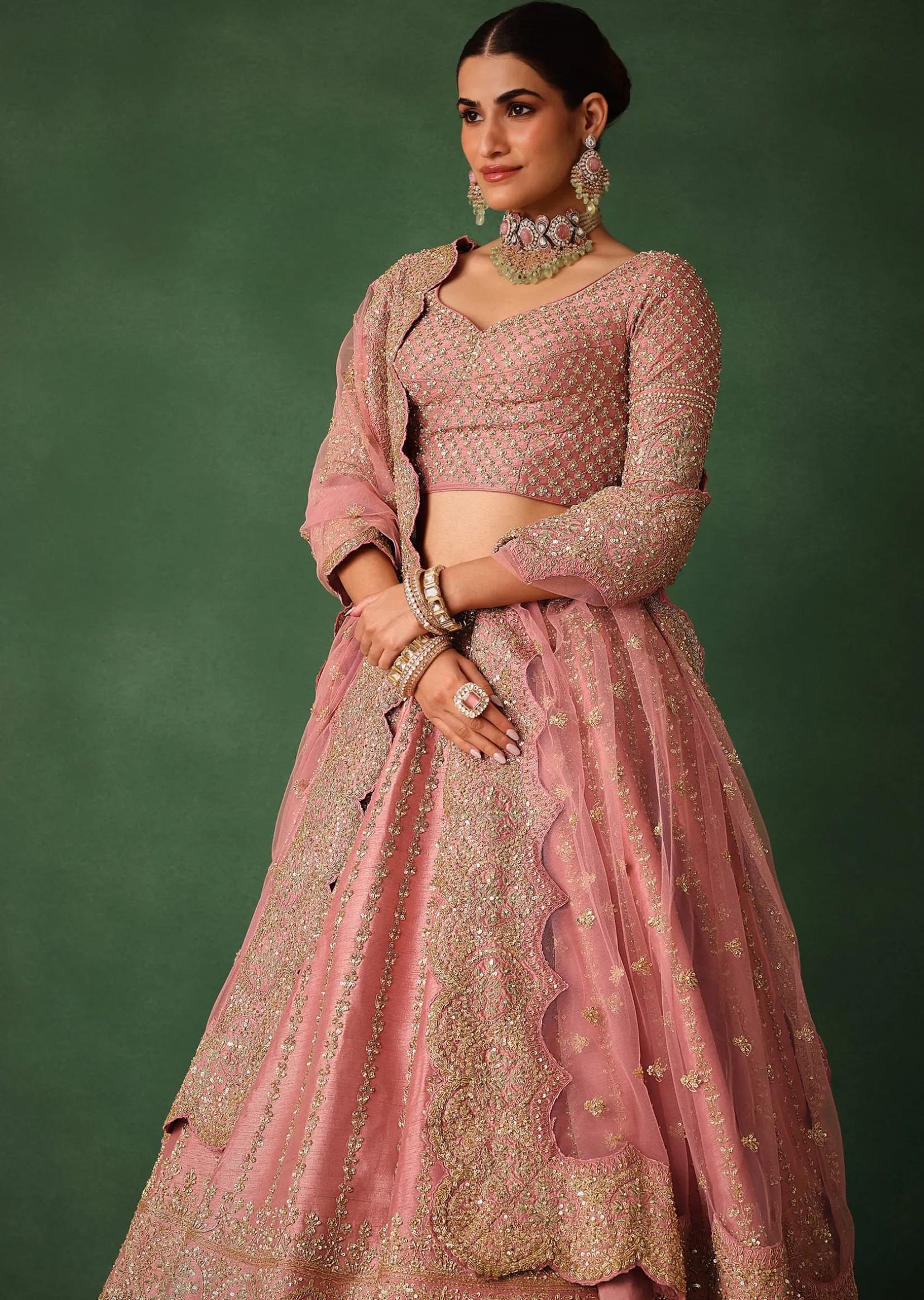 Light Pink Raw Silk Hand Embroidered Lehenga Set
