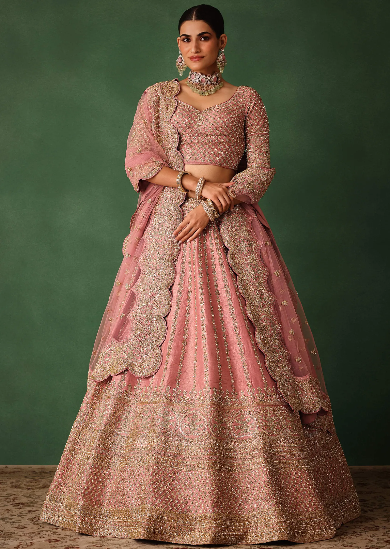 Light Pink Raw Silk Hand Embroidered Lehenga Set