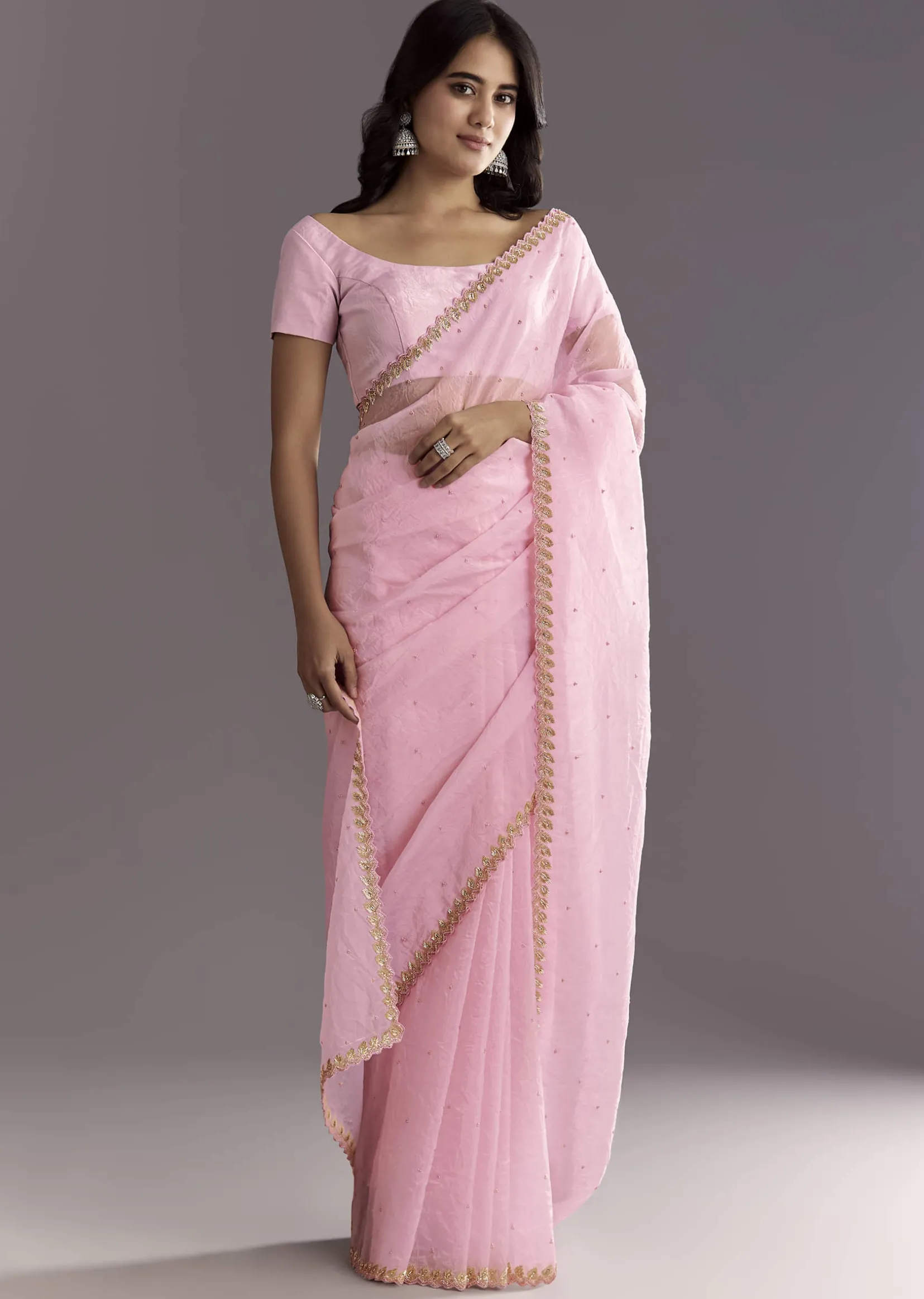 Light Pink Tissue Embroidered Saree With Cutwork Scallop Border