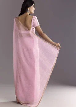 Light Pink Tissue Embroidered Saree With Cutwork Scallop Border