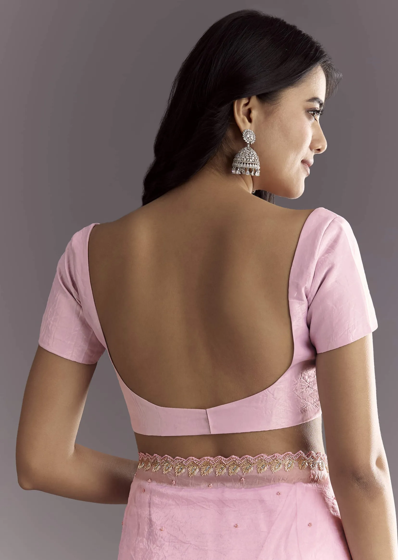 Light Pink Tissue Embroidered Saree With Cutwork Scallop Border