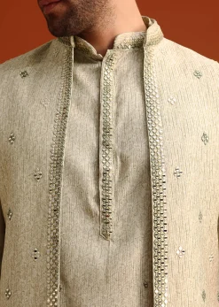Light Pista Cotton Silk Jacket Kurta And Jacket Set With Mirror Work