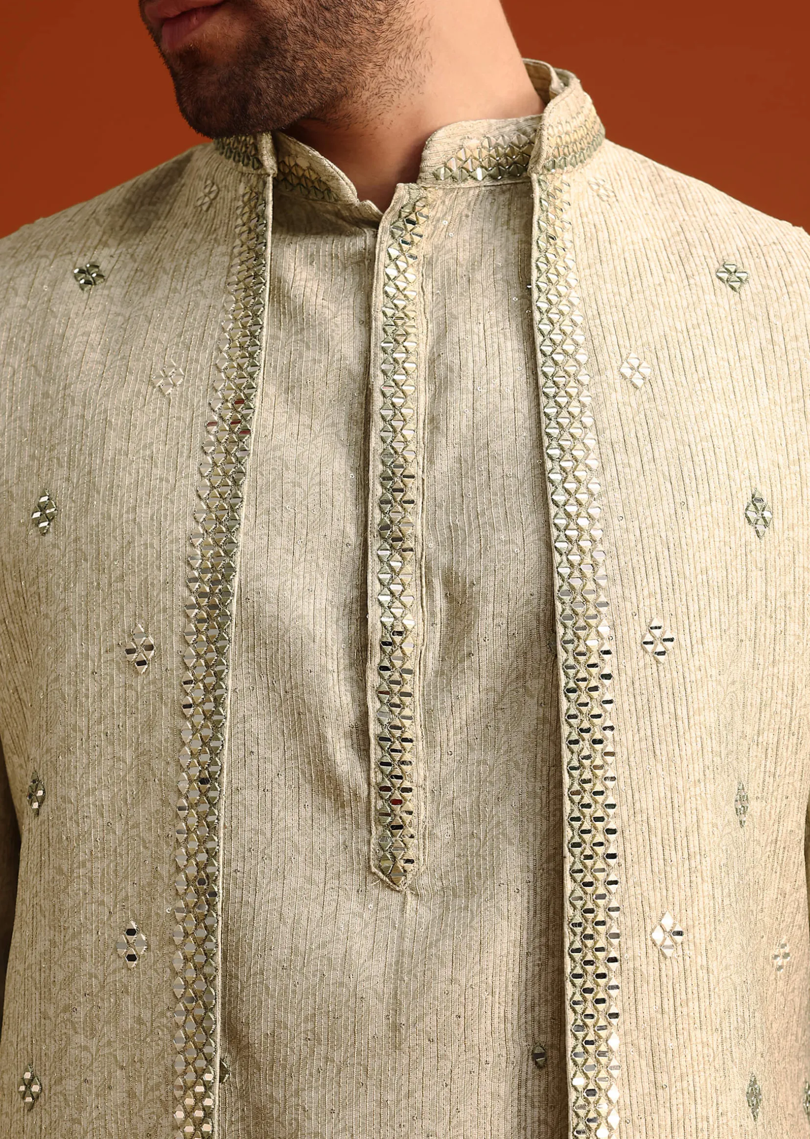 Light Pista Cotton Silk Jacket Kurta And Jacket Set With Mirror Work