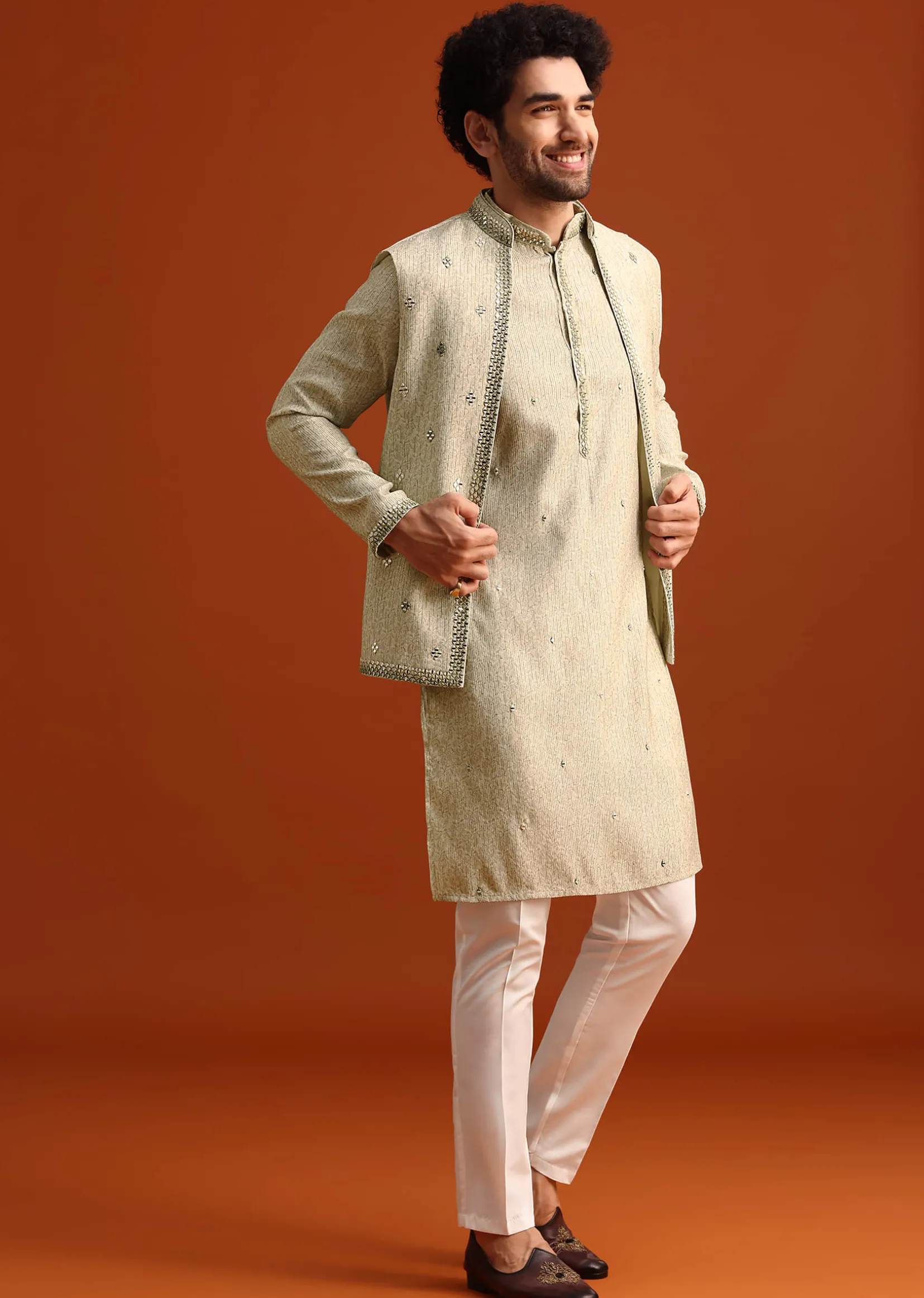 Light Pista Cotton Silk Jacket Kurta And Jacket Set With Mirror Work