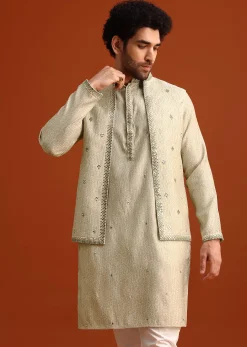 Light Pista Cotton Silk Jacket Kurta And Jacket Set With Mirror Work