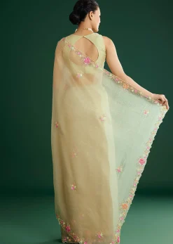 Light Pista Crushed Tissue Saree With Floral Embroidery