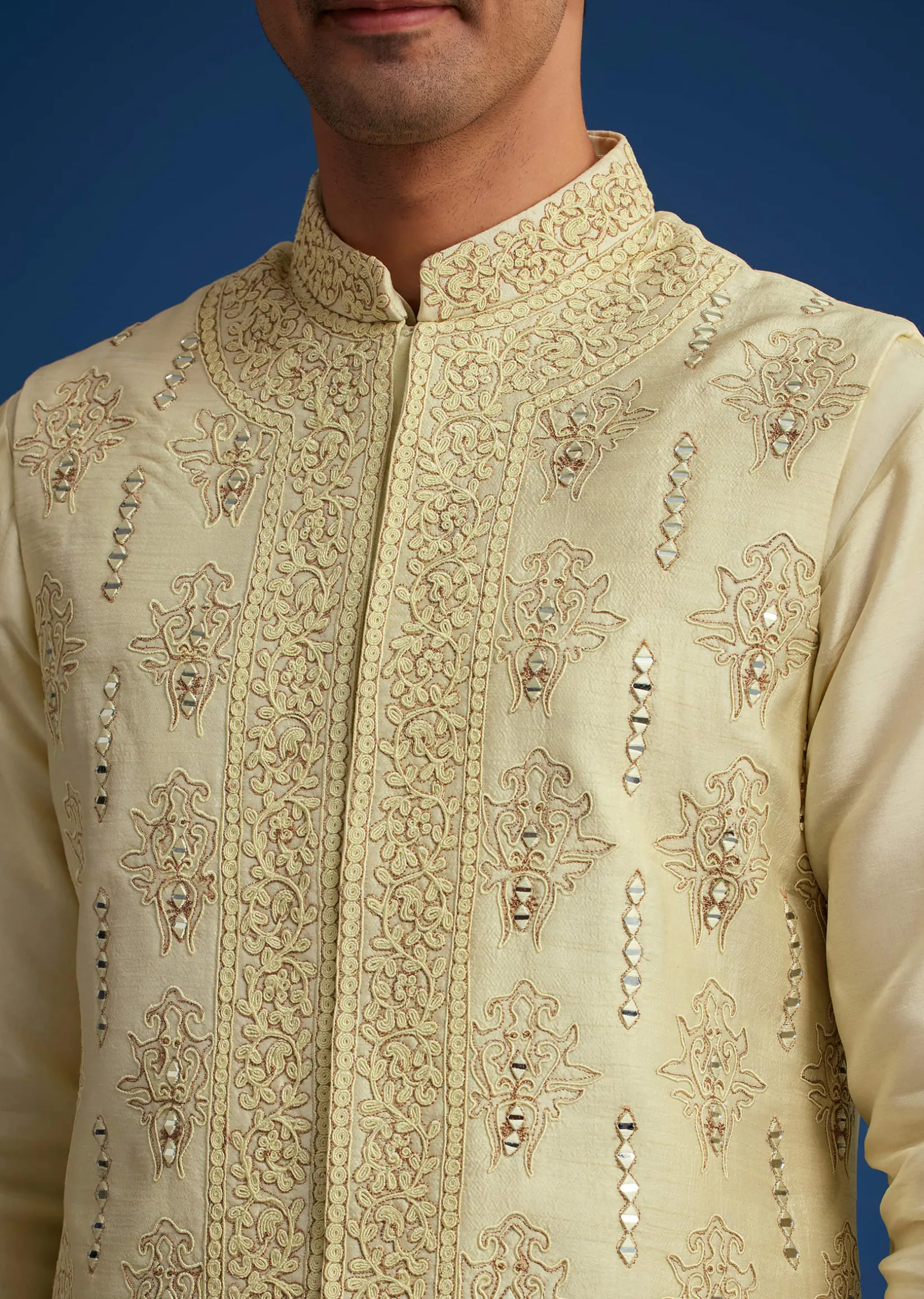 Light Pista Silk Kurta Set With Thread And Mirror Work Jacket