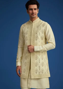 Light Pista Silk Kurta Set With Thread And Mirror Work Jacket