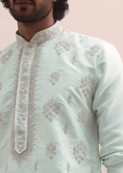 Light Pista Thread Embroidered Cotton Silk Kurta Set For Men
