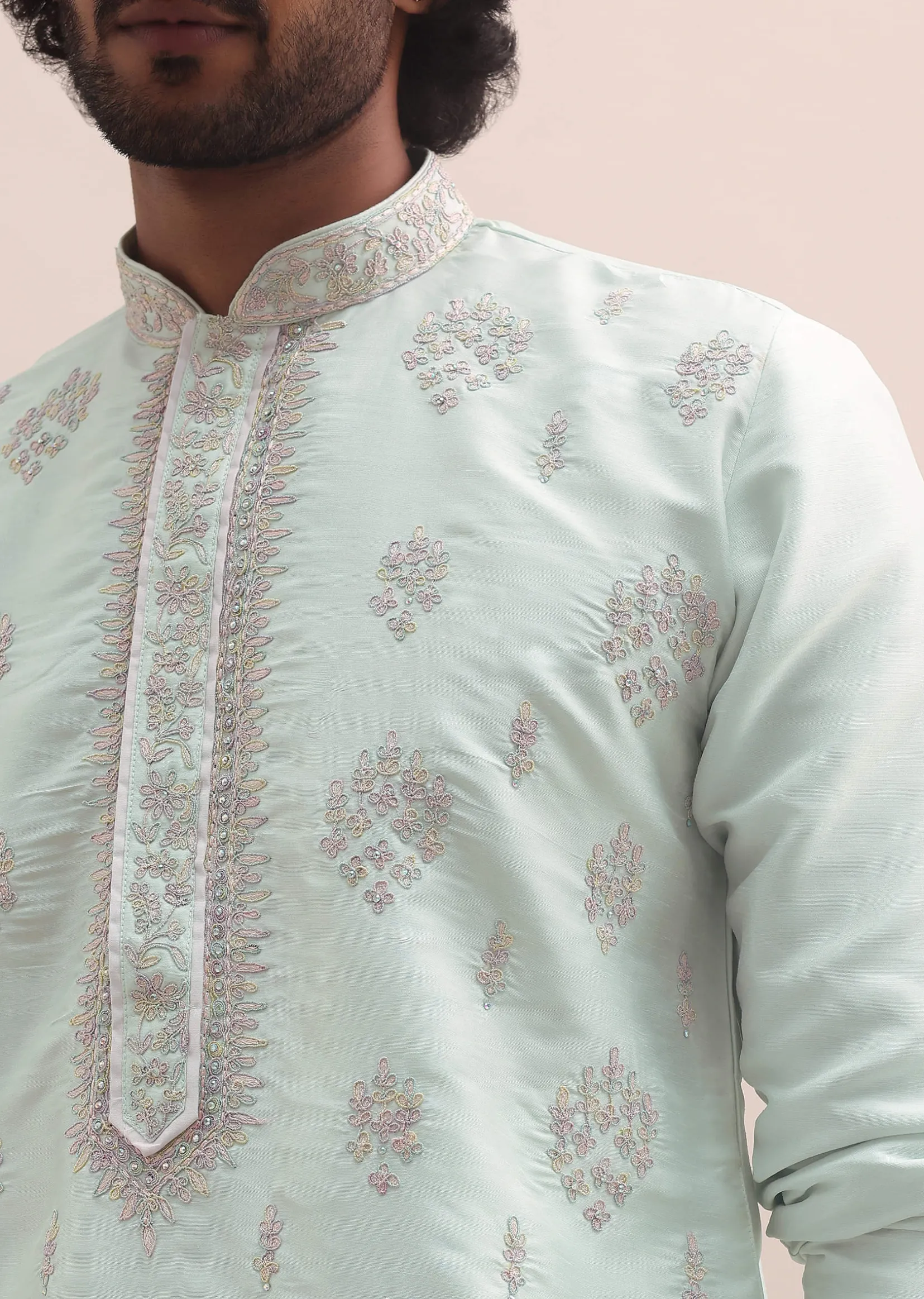 Light Pista Thread Embroidered Cotton Silk Kurta Set For Men