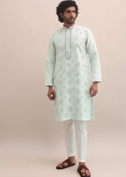 Light Pista Thread Embroidered Cotton Silk Kurta Set For Men