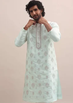 Light Pista Thread Embroidered Cotton Silk Kurta Set For Men