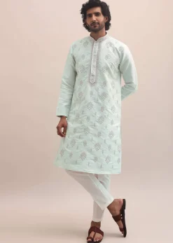 Light Pista Thread Embroidered Cotton Silk Kurta Set For Men