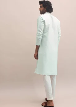 Light Pista Thread Embroidered Cotton Silk Kurta Set For Men