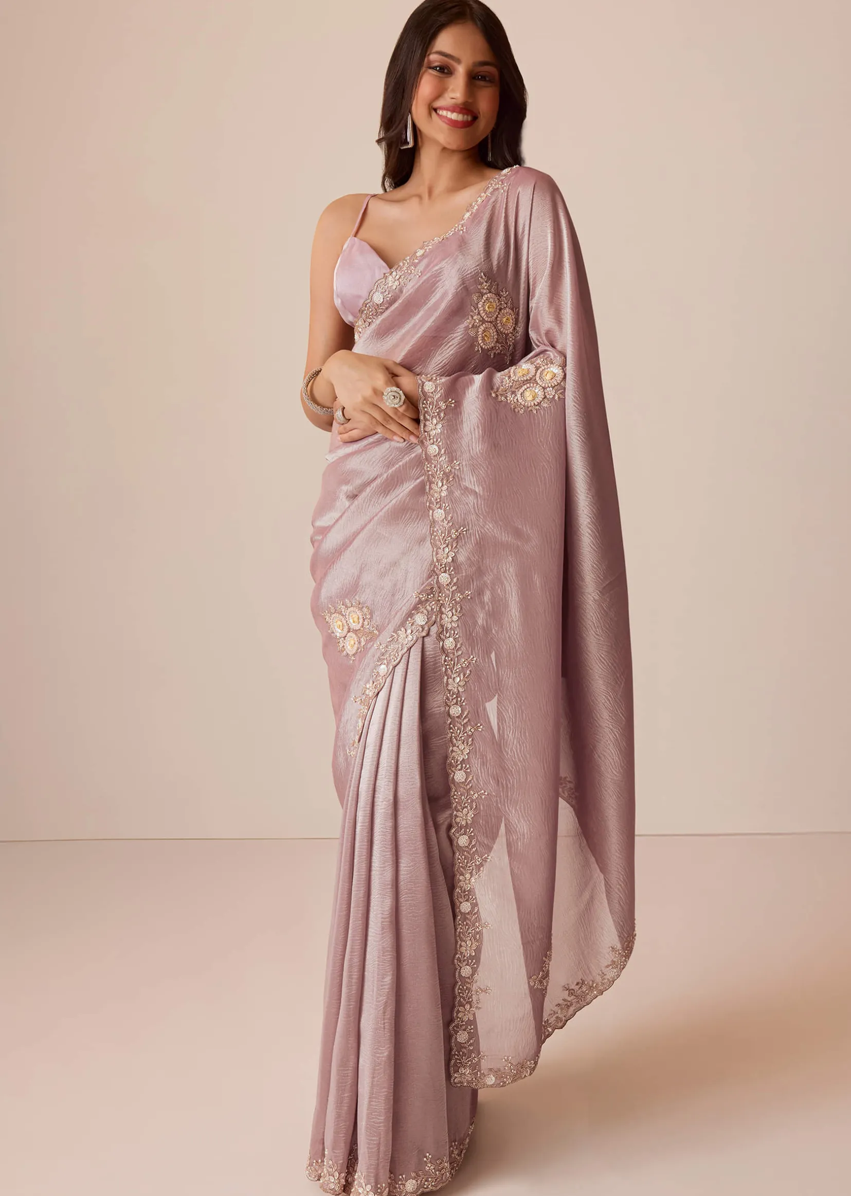 Light Purple Tissue Saree With Floral Embroidery